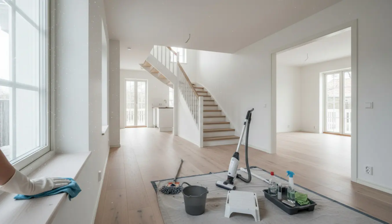 Nymalet, umøbleret hus med rengøringsudstyr og handsker, klar til indflytningsrengøring.