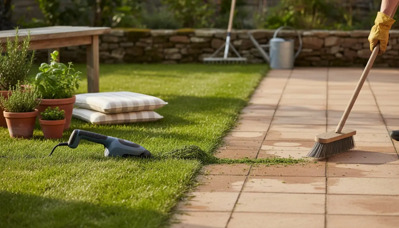 Nærbillede af nykantet græs og en ryddet terrasse med haveredskaber i varmt eftermiddagslys.