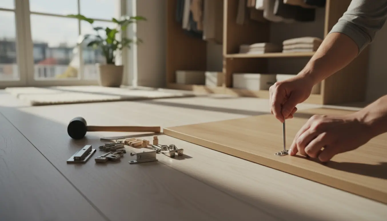 Nærbillede af hænder, der samler et lyst, moderne klædeskab i en skandinavisk stue.