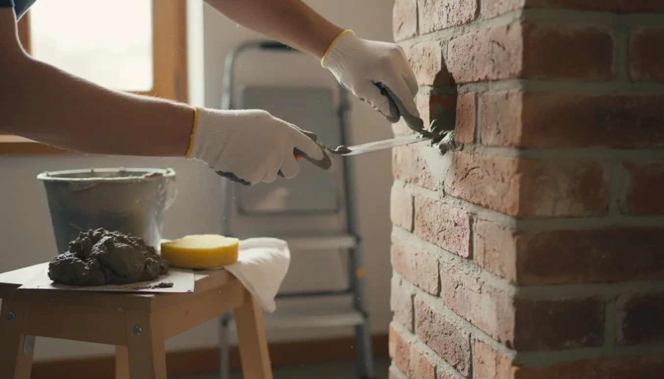 Nærbillede af hænder, der murer et lille hul i en indvendig skorsten med mørtel.