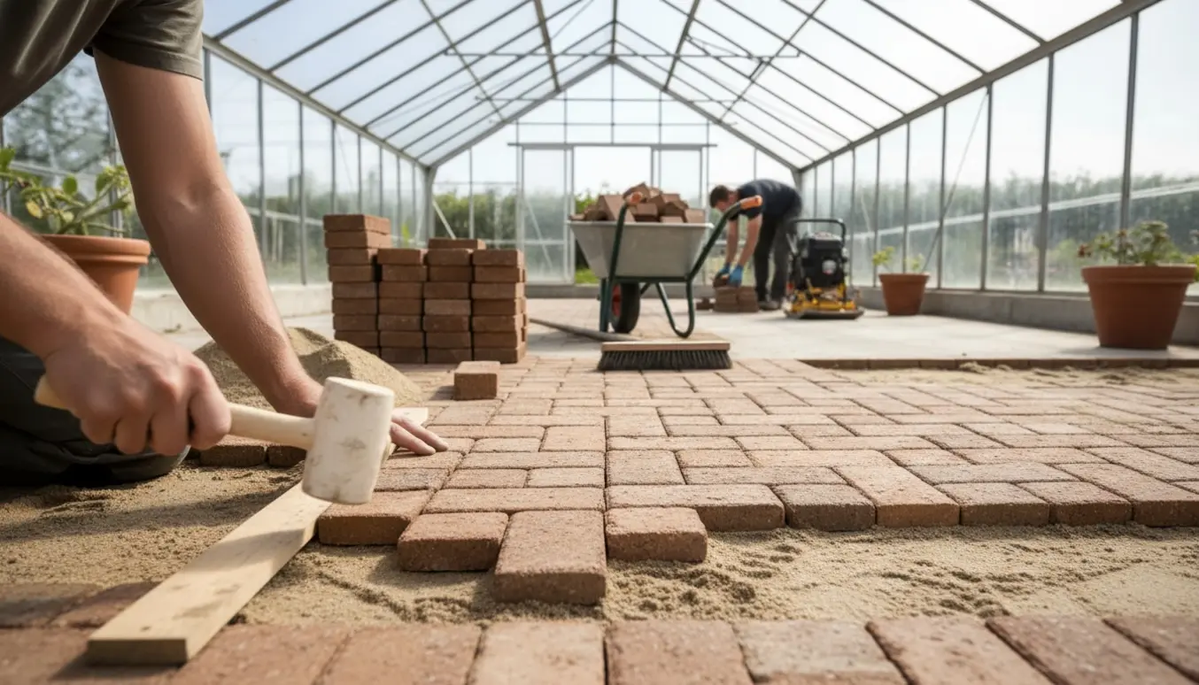 Hænder lægger hollændersten på sandbund i et lyst drivhus med pladevibrator og stak sten i baggrunden.