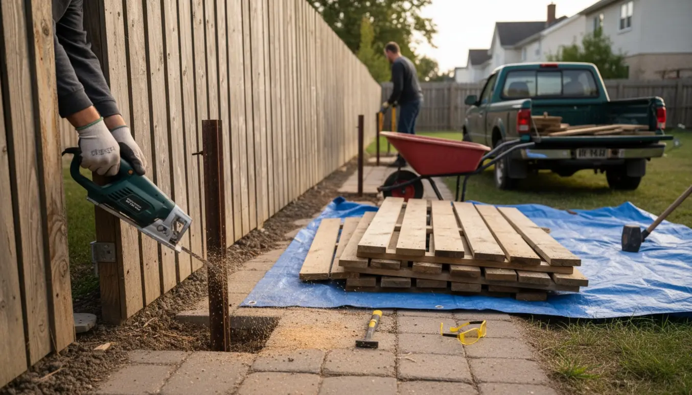 Baggård med nedtaget træhegn, stablede plankepaneler og to stolper skåret ned under fliserne.