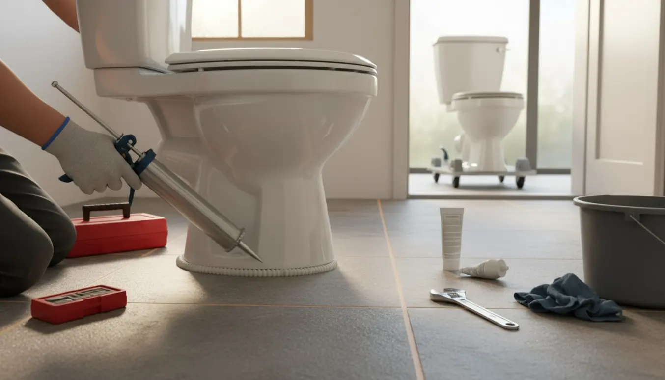 Nyt hvidt toilet sættes på plads med fugepistol og værktøj, mens det gamle toilet står på en trillebør i baggrunden.
