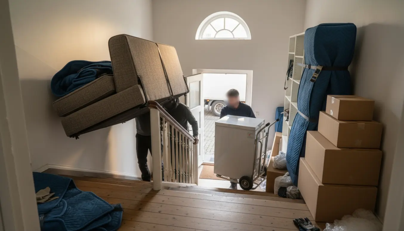 Flyttefolk bærer sovesofa og kummefryser ned ad trappen med pakkede flyttekasser og en indpakket rumdeler på landingen.