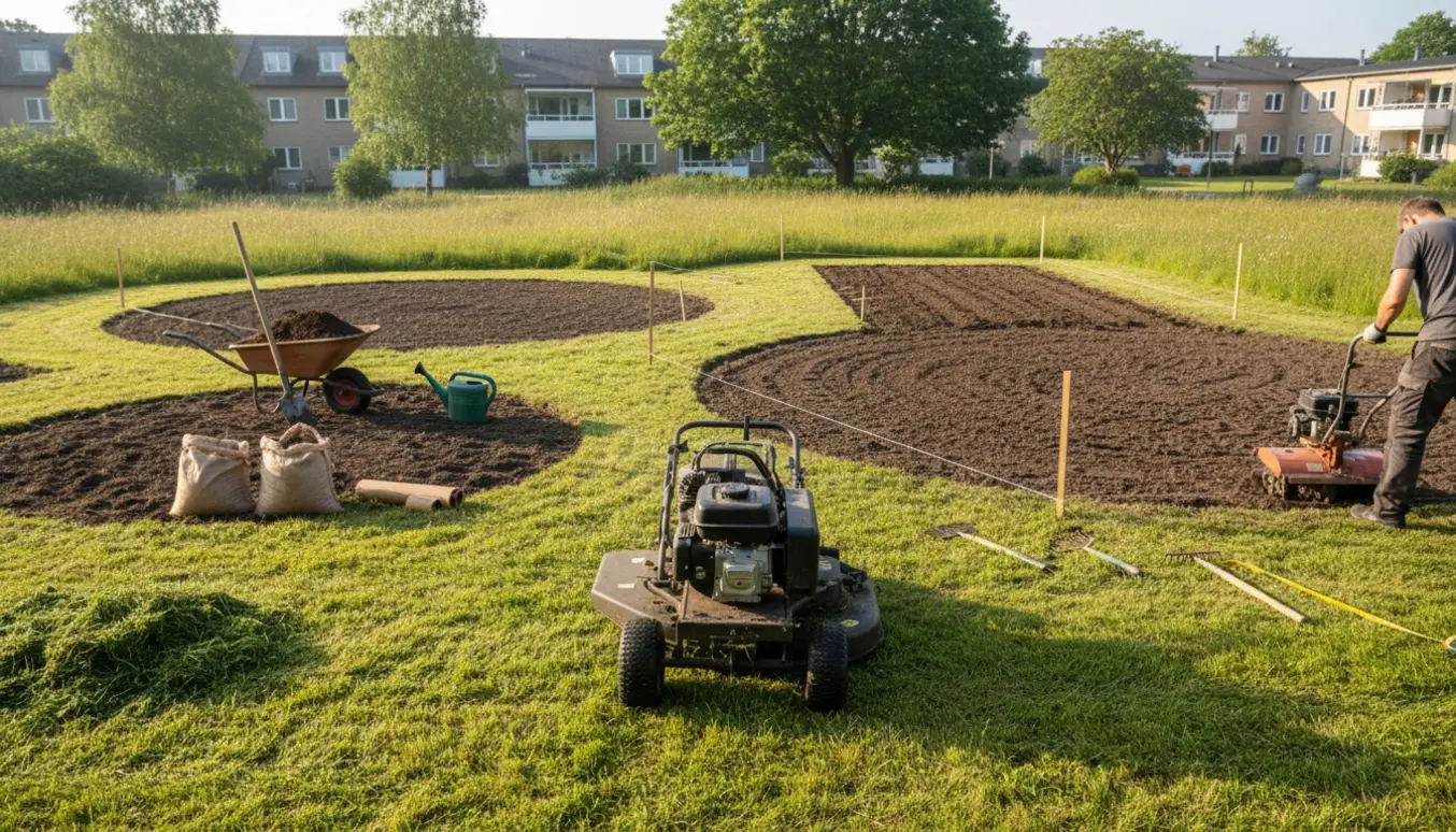 Fællesareal i Kastrup med slåning af højt græs og tre nyanlagte runde bede samt et langt bed klar til blomsterfrø.