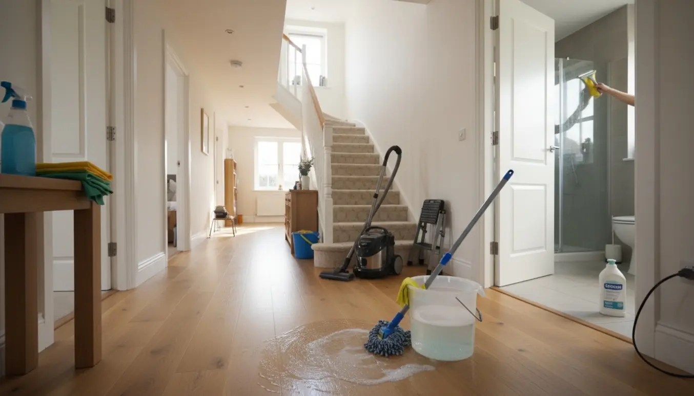 Rengøring af et to-etagers hus med moppet trægulv, støvsuger på trappen og spejl i badeværelset under aftørring.
