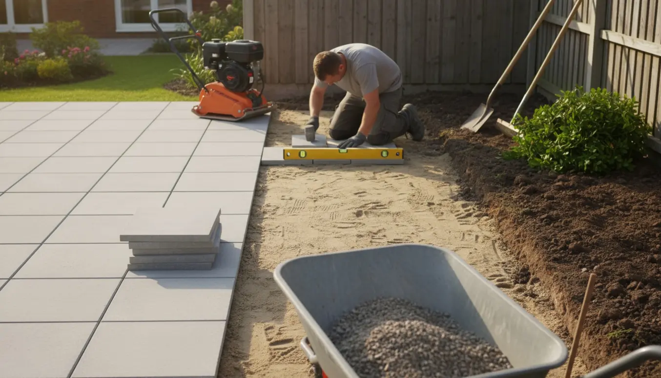 Halvt færdig fliseterasse i baghaven med sand, sten, stakke af fliser og værktøj, uden tydelige ansigter.