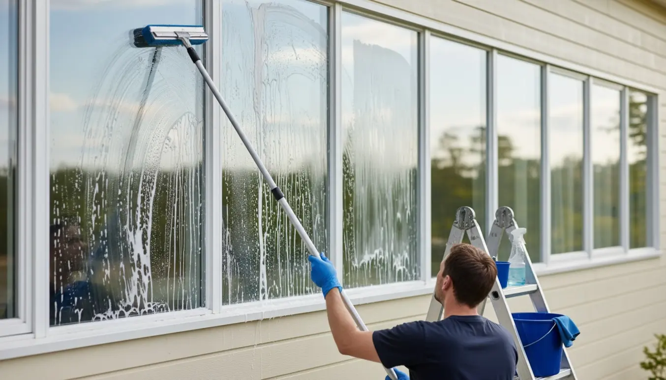 Vinduespudser set bagfra, der bruger skraber og forlængerskaft til at affedte og tørre flere ruder med spand og klude ved en stige.