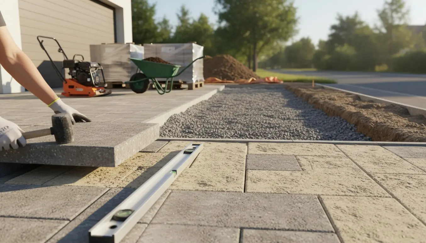 Indkørsel mellem garage og vej under anlæg med udgravet område, stabler af forstærkede fliser og en person, der lægger fliser.