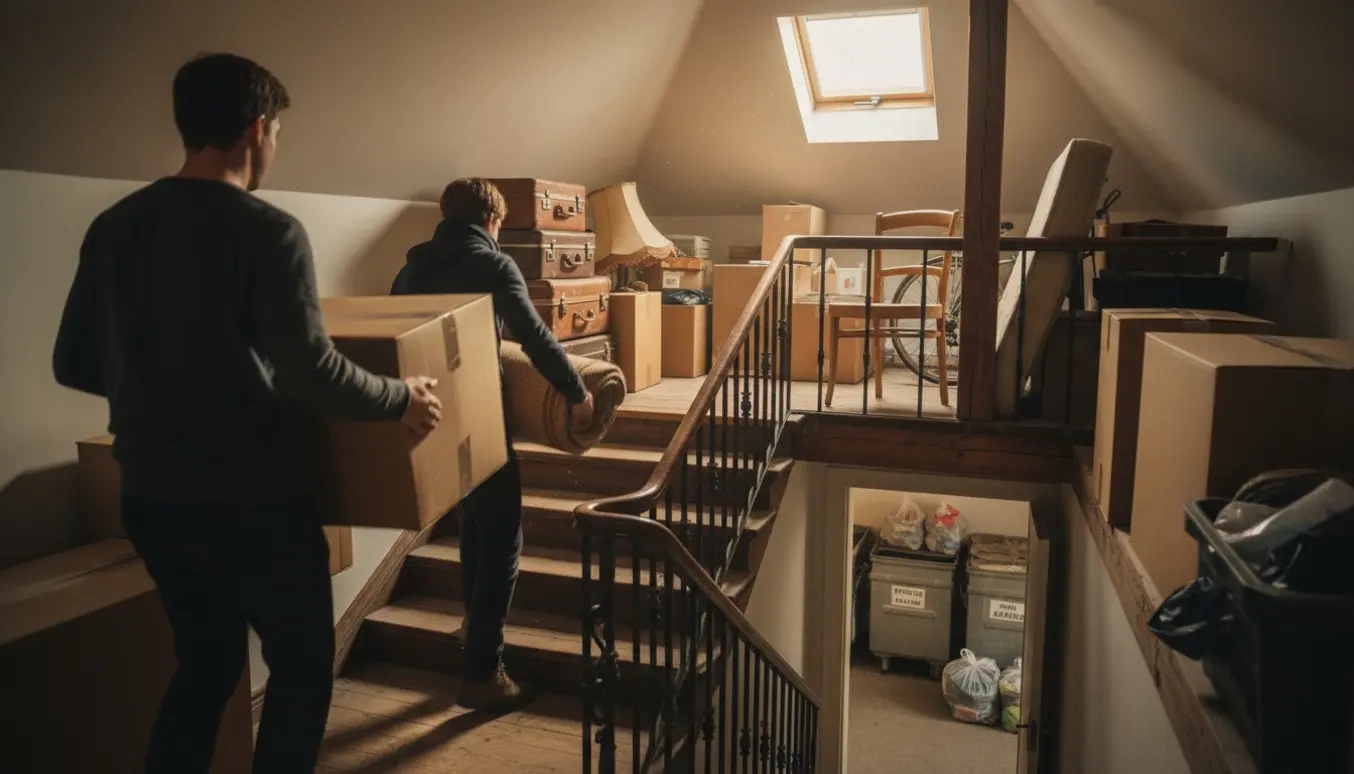 Personer bærer kasser og møbler ned ad en trappe fra et fyldt loft i en ejendom på Østerbro.
