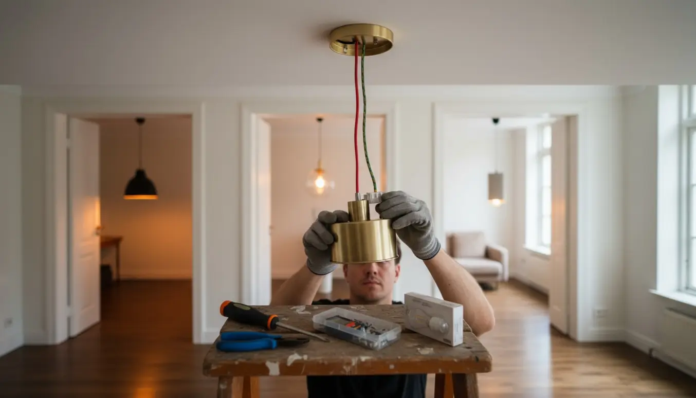 Håndværker på stige forbinder en pendel til et eksisterende loftsudtag, med tre andre rum i baggrunden hver med en hængende lampe.