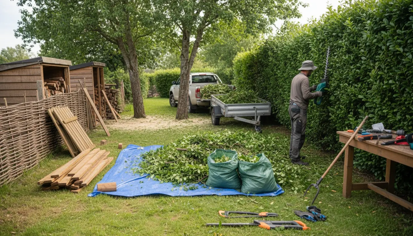 Hæk bliver klippet, små brændeskure og et flethegn demonteres, og haveaffald samles til bortkørsel.
