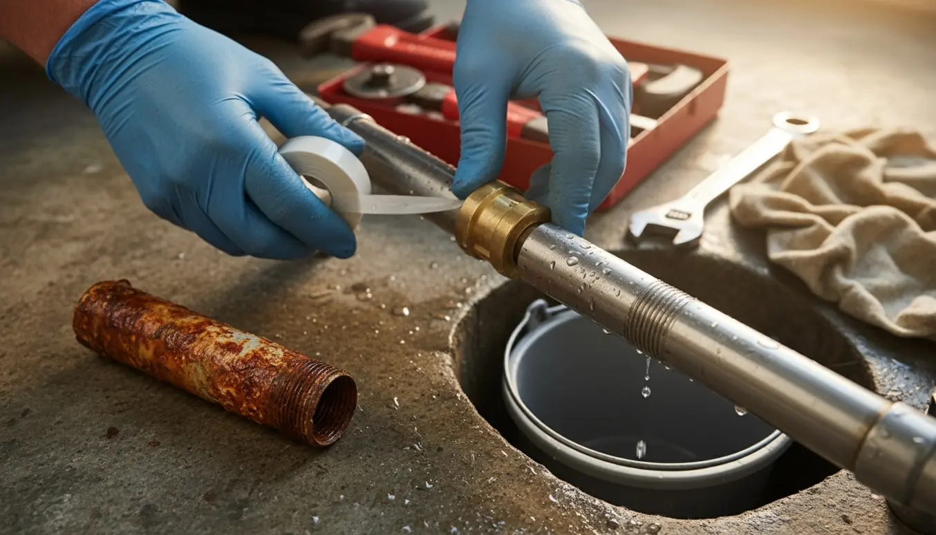 Hænder udskifter to rustne rør i en kælder med værktøj og nyt rørstykke.