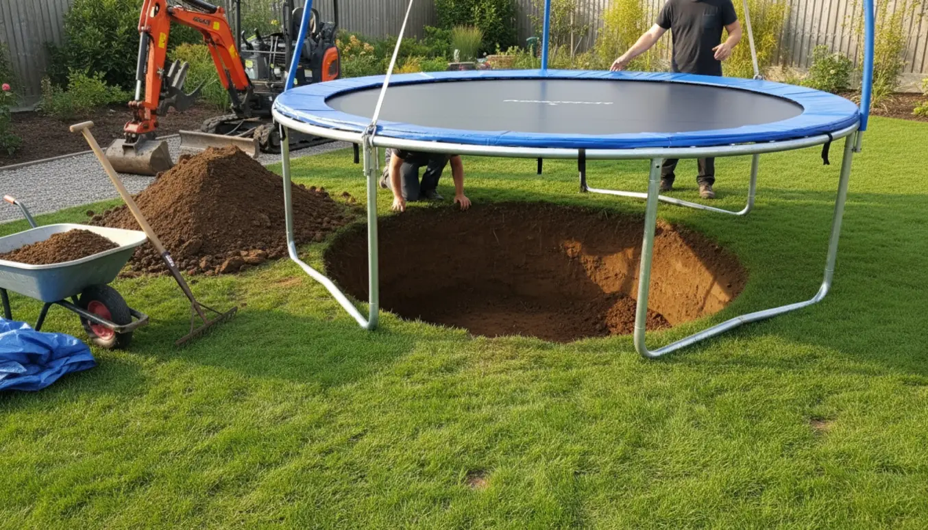Nedgravning af en rund trampolin i baghaven med minigraver, jordbunker og værktøj.