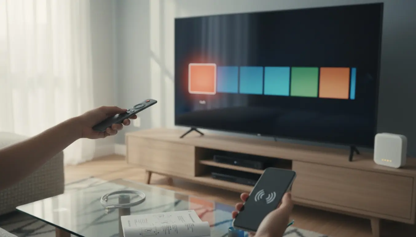 En person opsætter en streamingtjeneste på et smart-tv i en moderne stue med fjernbetjening og smartphone.