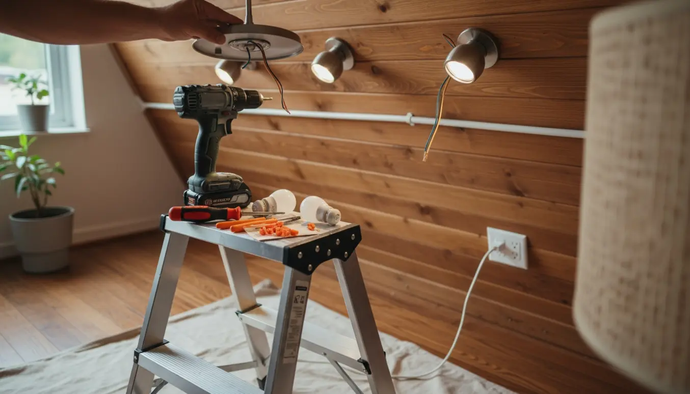 Hænder monterer en loftslampe og to spots i et træloft med stige, værktøj og synlige ledninger i en eksisterende ledningsskjuler.