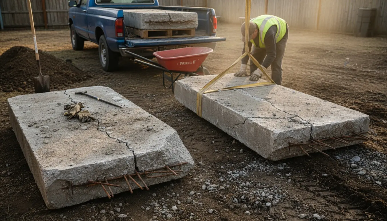 Store betonstykker og en trailer ved et opgravet haveskurfundament, klar til afhentning.