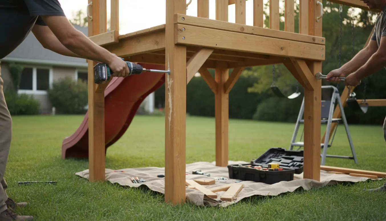Voksne samler et trælegetårn på græs med skruemaskine og værktøj i forgrunden.