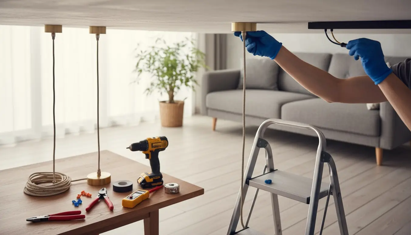 En person monterer pendel- og skinnelys under et lavt loft med værktøj og en stige.