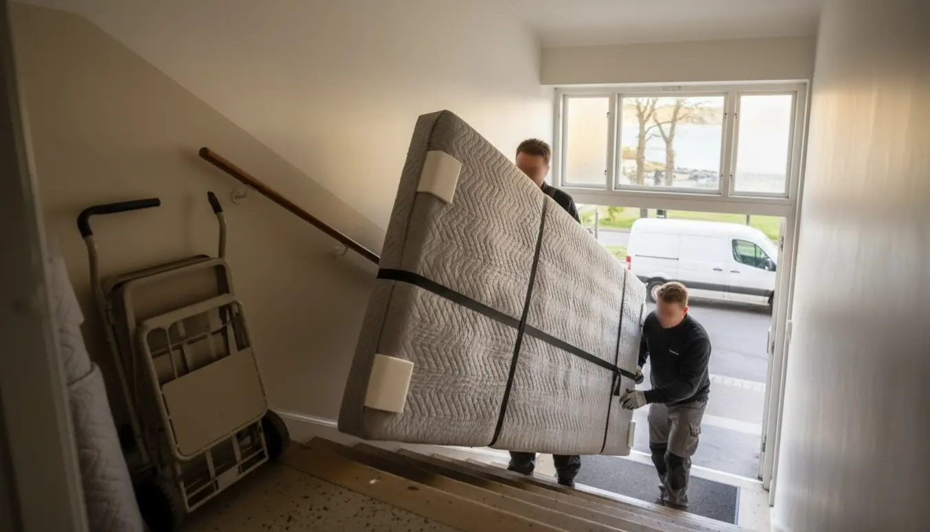 To flyttefolk bærer en stor polstret sengegavl ned ad en trappe, beskyttet af flyttetæpper, med en flyttebil udenfor.