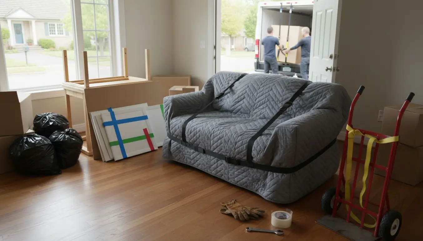 Flyttefolk læsser en indpakket to-personers sofa, bord, skabe og sække med affald ind i en flyttevogn.