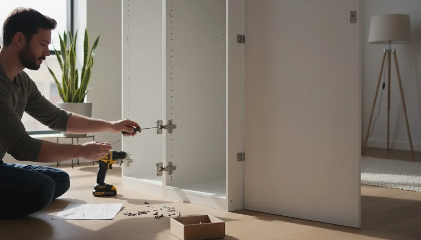 Delvist samlet PAX-skab i en lys stue, hvor hænder monterer en låge med skruetrækker og værktøj på gulvet.