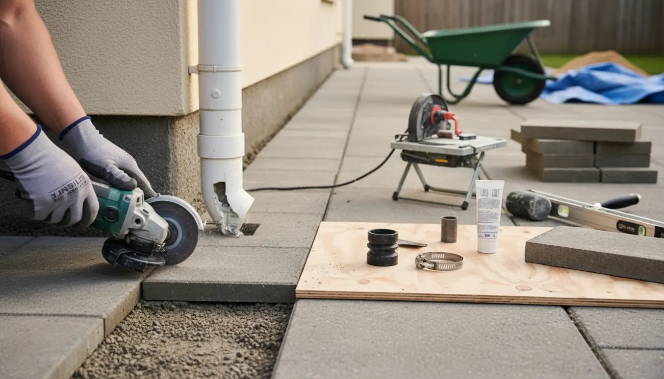 Nærbillede af fliser, der skæres og rettes rundt om et nedløbsrør på en smal flisebane med værktøj og reservematerialer.