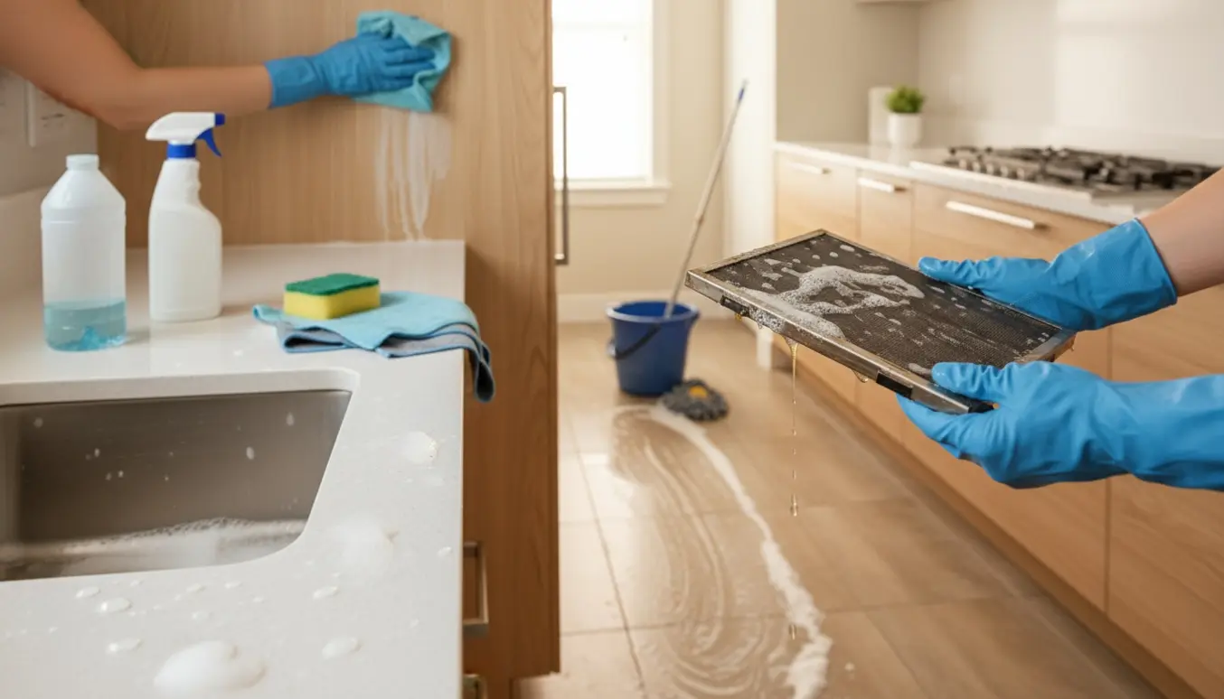 Hænder i gummihandsker renser emhætte og aftørrer køkkenskabe med moppe og spand på gulvet.