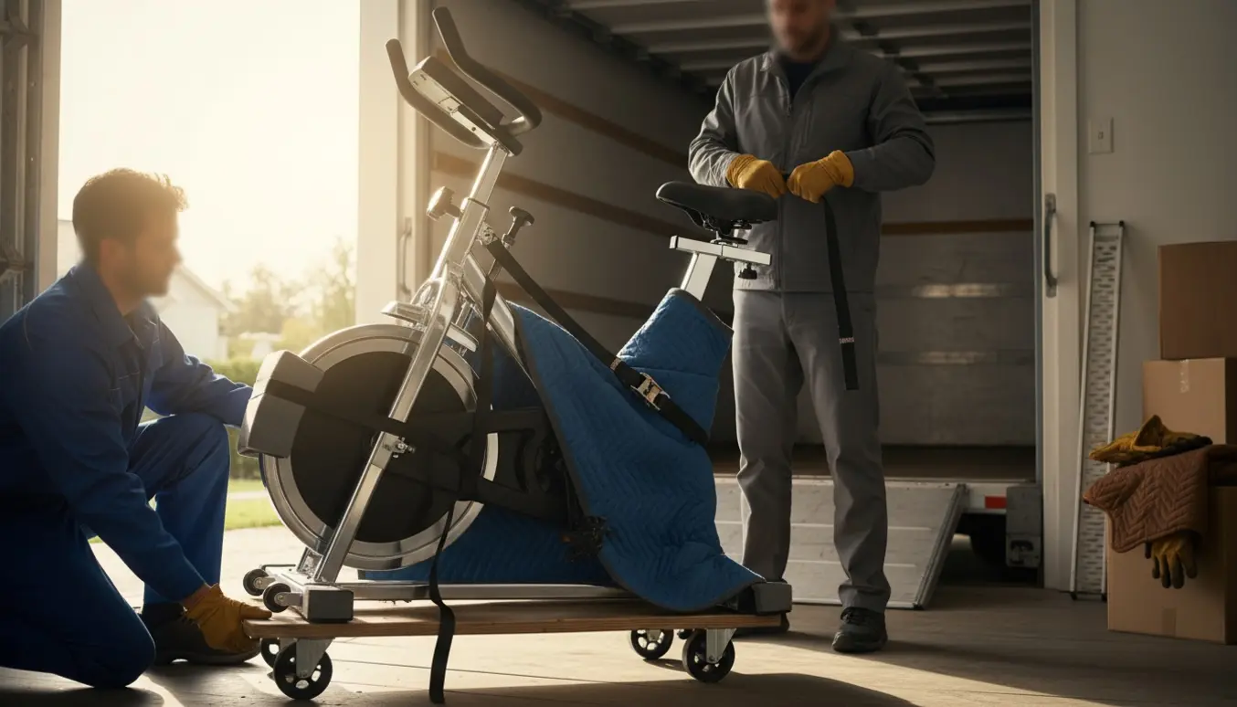 Motionscykel på en flyttevogn, delvist pakket i flyttetæppe og sikret med stropper, klar til transport.