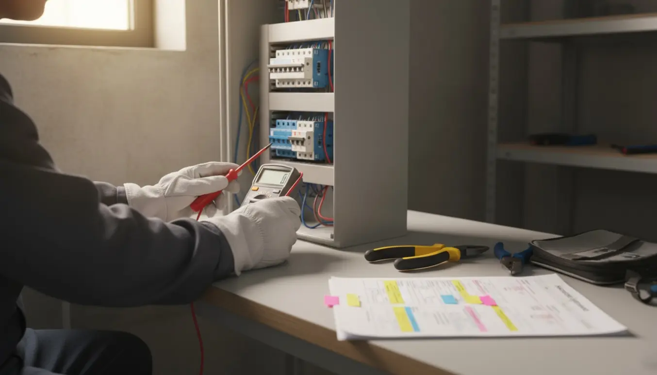 Elektriker arbejder med reparation i eltavleskab med måleinstrument og rapport ved siden af.