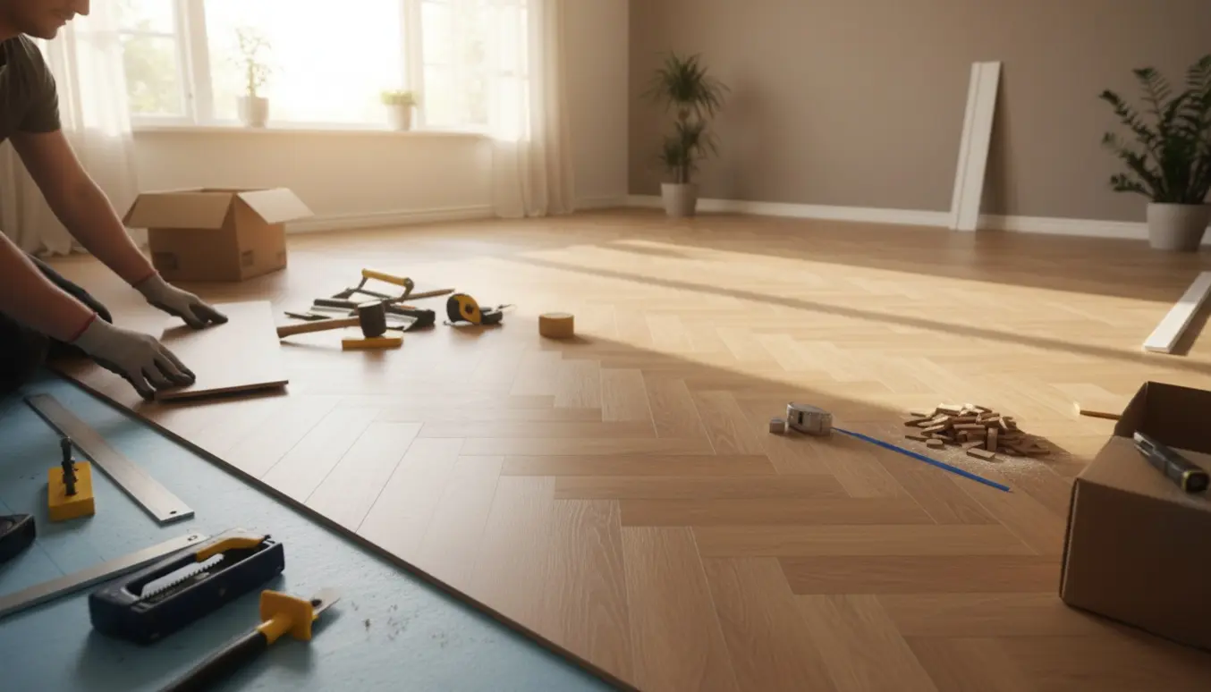Nærbillede af en stue med nylagt sildebens vinylgulv, værktøj og plankebunker ved vinduet.