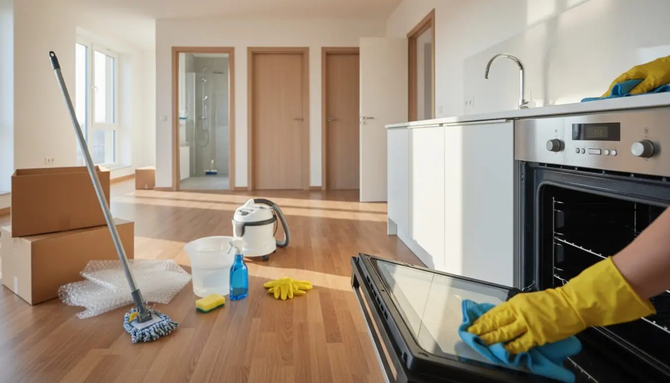 Handskerenset person pudser en åben ovn i et lyst tomt køkken/alrum under flytterengøring.