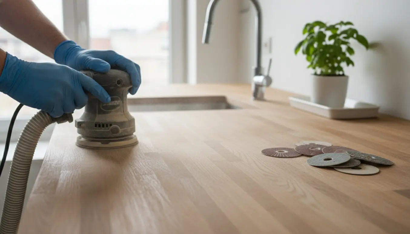 Hænder sliber en træbordplade i et lyst køkken, med synligt sandpapir og fint støv.