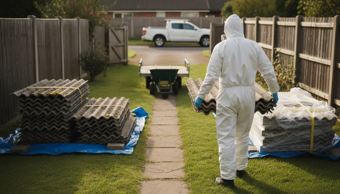 Person i beskyttelsesdragt bærer en eternitplade gennem en have mod venterende transport.