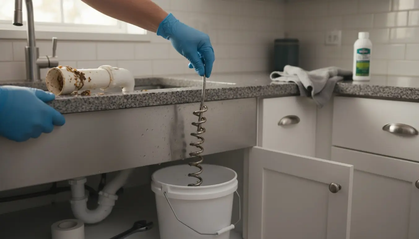 Nærbillede af glorede hænder, der bruger en afløbsrenser til at trække snavs ud af en afløbstunnel under en køkkenvask.