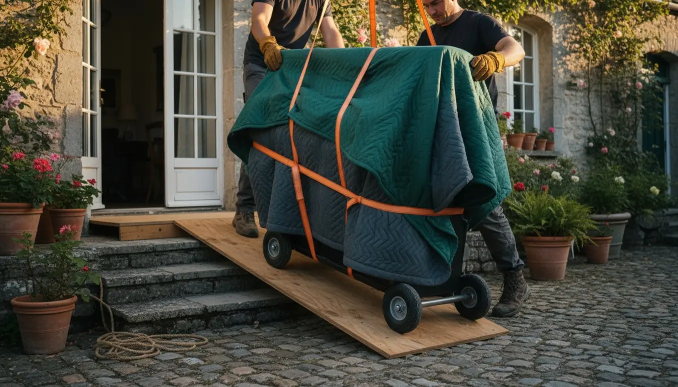 Et lille, tungt klaver pakket i flyttetæpper trækkes over en gårdsplads mod en terrassedør, personer set bagfra.