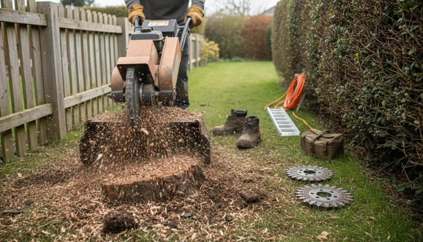 Kompakt rodfræser fjerner en stub i en smal forårshave med træspåner og blød jord.