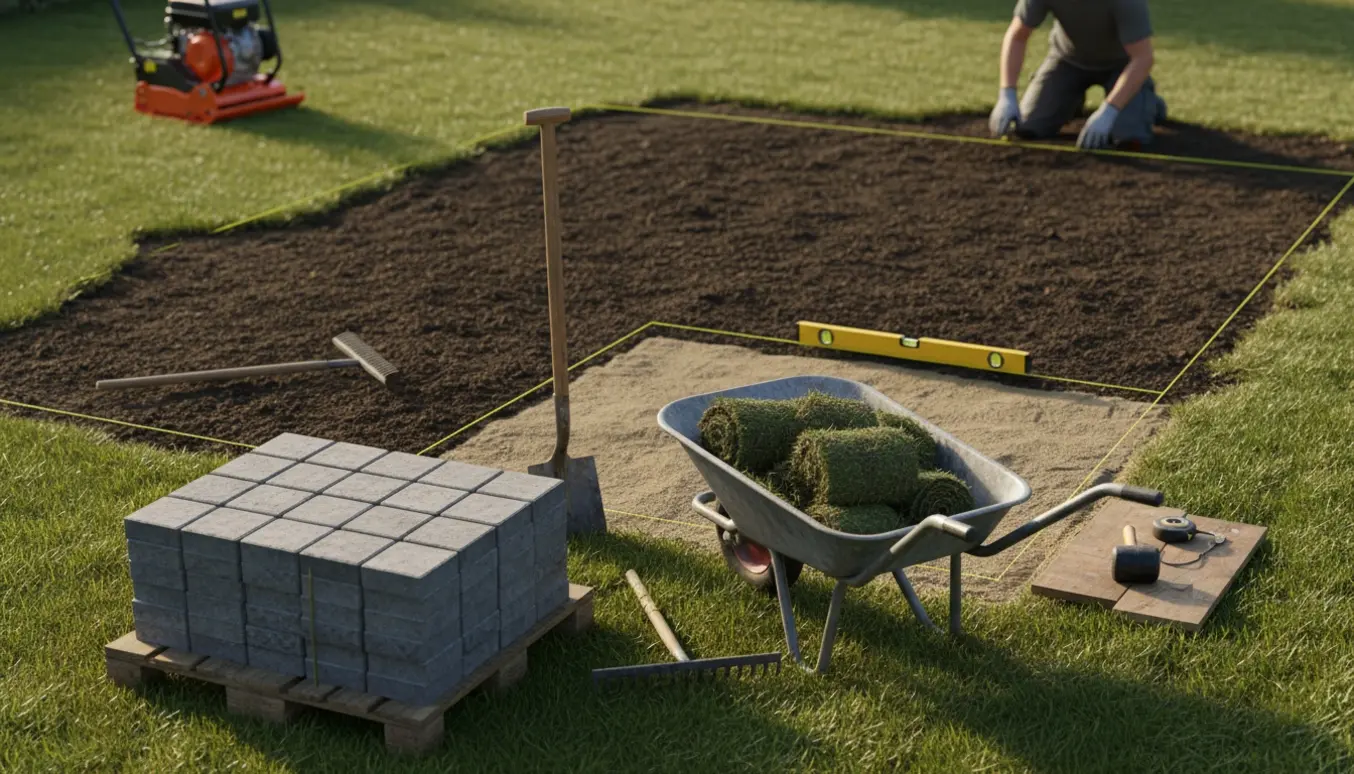 Baghave hvor en 30 m² terrasse forberedes med halvdelen af græsset fjernet, fliser og værktøj klar.