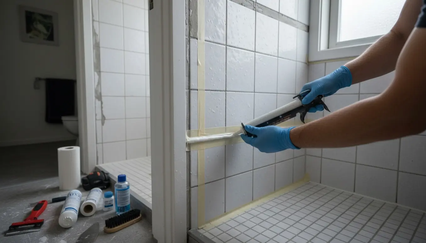 Hænder med en fugepistol påfører ny fuge i et lille brusebad med værktøj lagt frem.