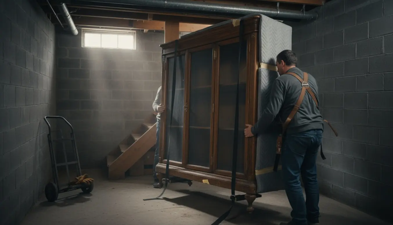 To personer løfter et tungt gammelt vitrineskab i et kælderrum med bæresele og flytteudstyr.