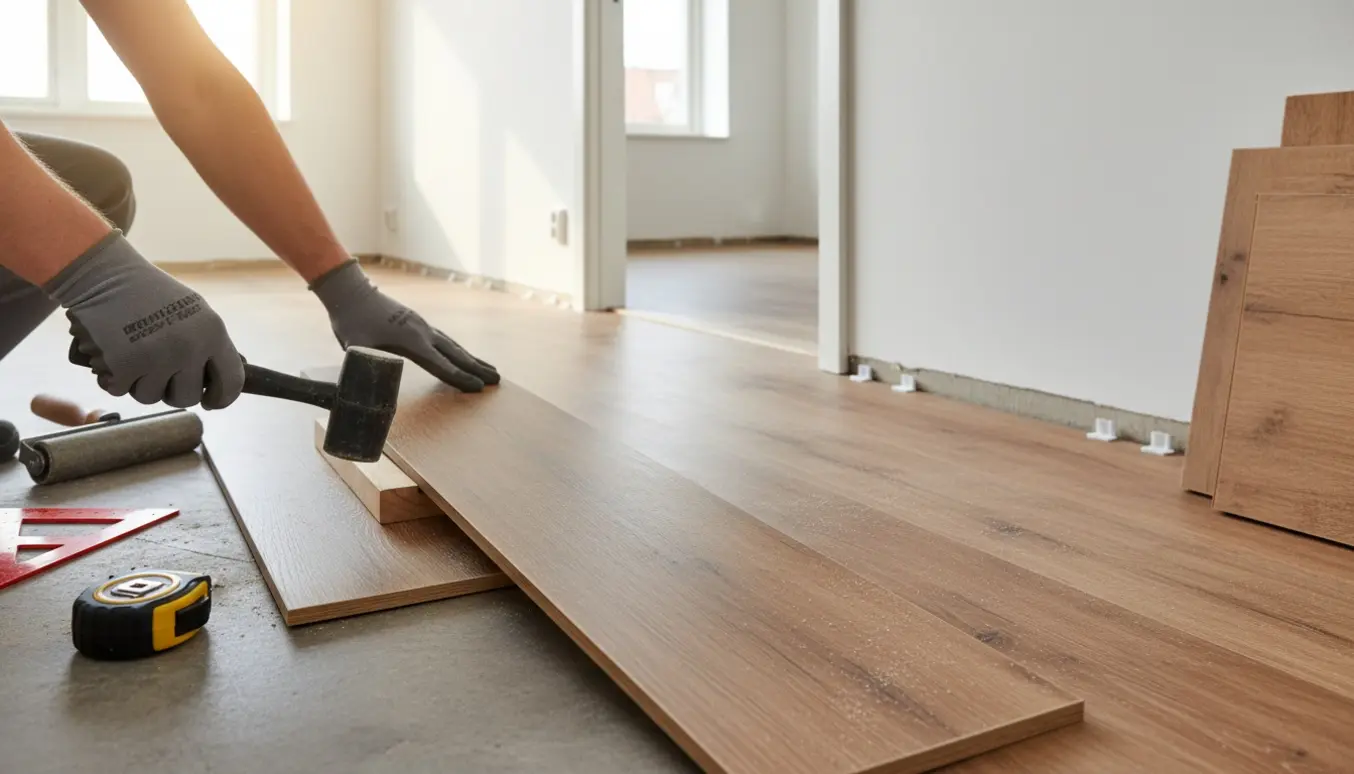 Hænder lægger vinylgulv i natur eg med tappingblok og gummihammer i en lys lejlighed.