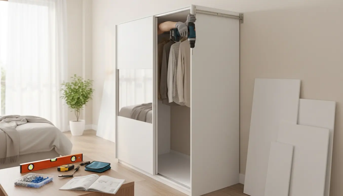 Hænder monterer og sikrer et hvidt skab med skydelåger mod væggen i et lyst soveværelse.
