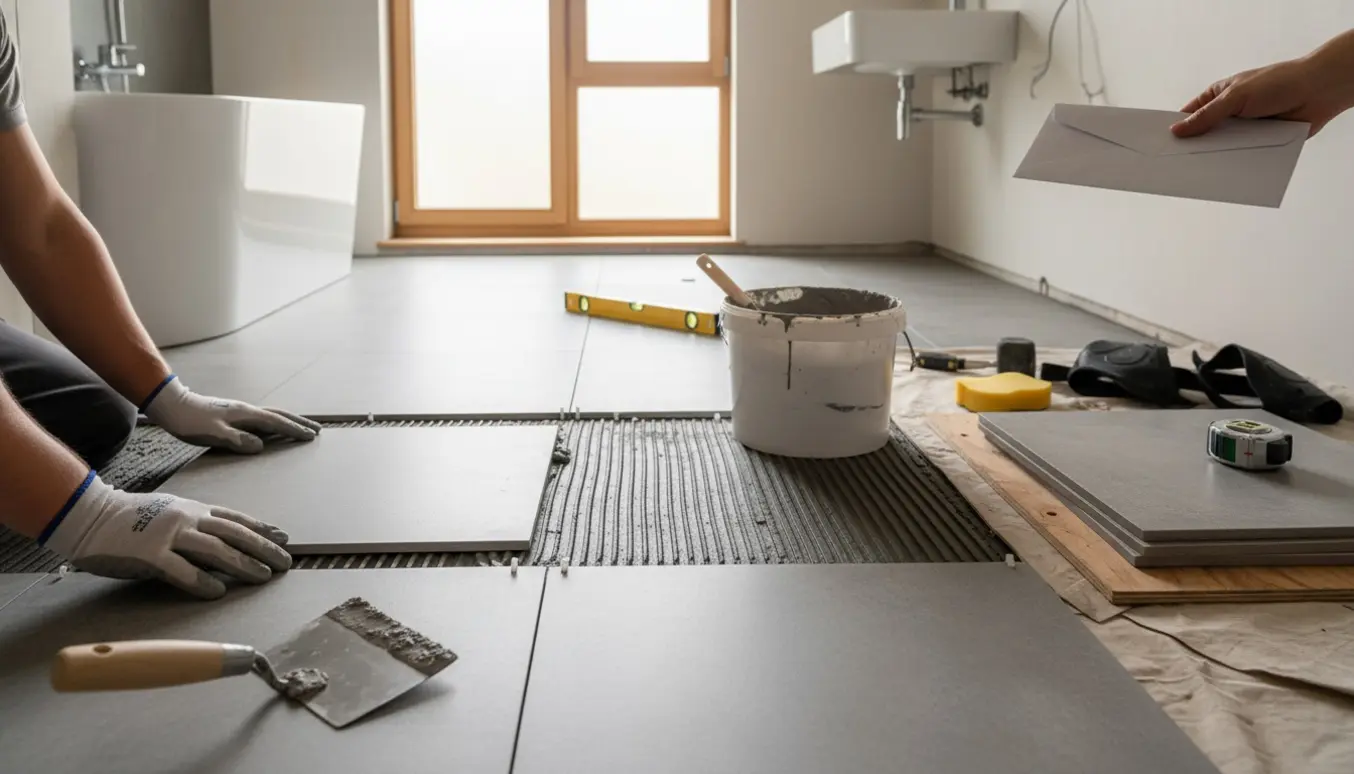 Nyrenoveret lille badeværelse med store kvadratiske fliser, værktøj og en hånd, der placerer en flise.