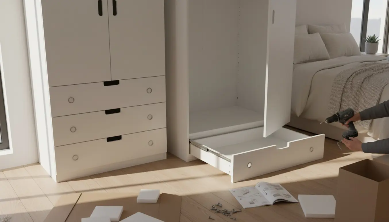 To hvide garderobeskabe samles i et lyst soveværelse med værktøj og emballage omkring dem.