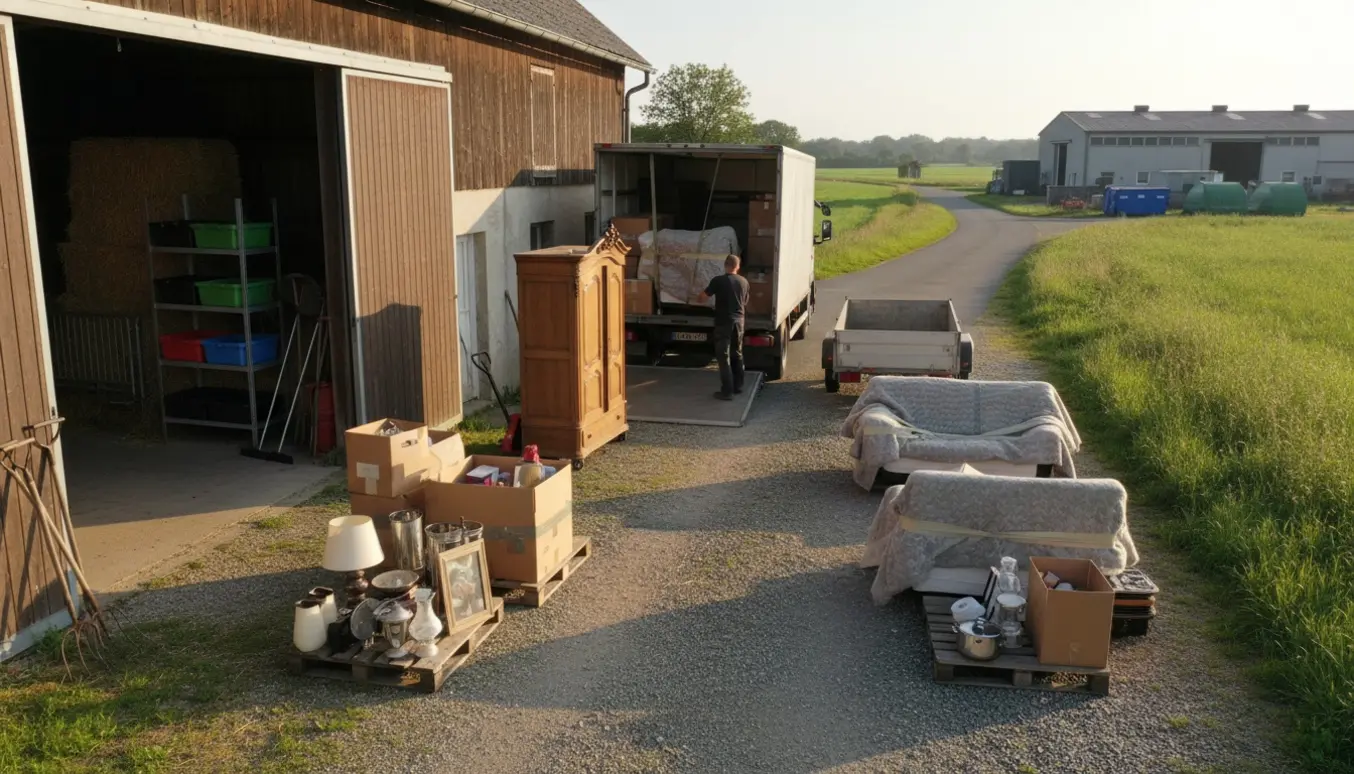 Tømning af hus og stald med flyttetransport, stabler af kasser og beskyttede møbler på gårdspladsen.