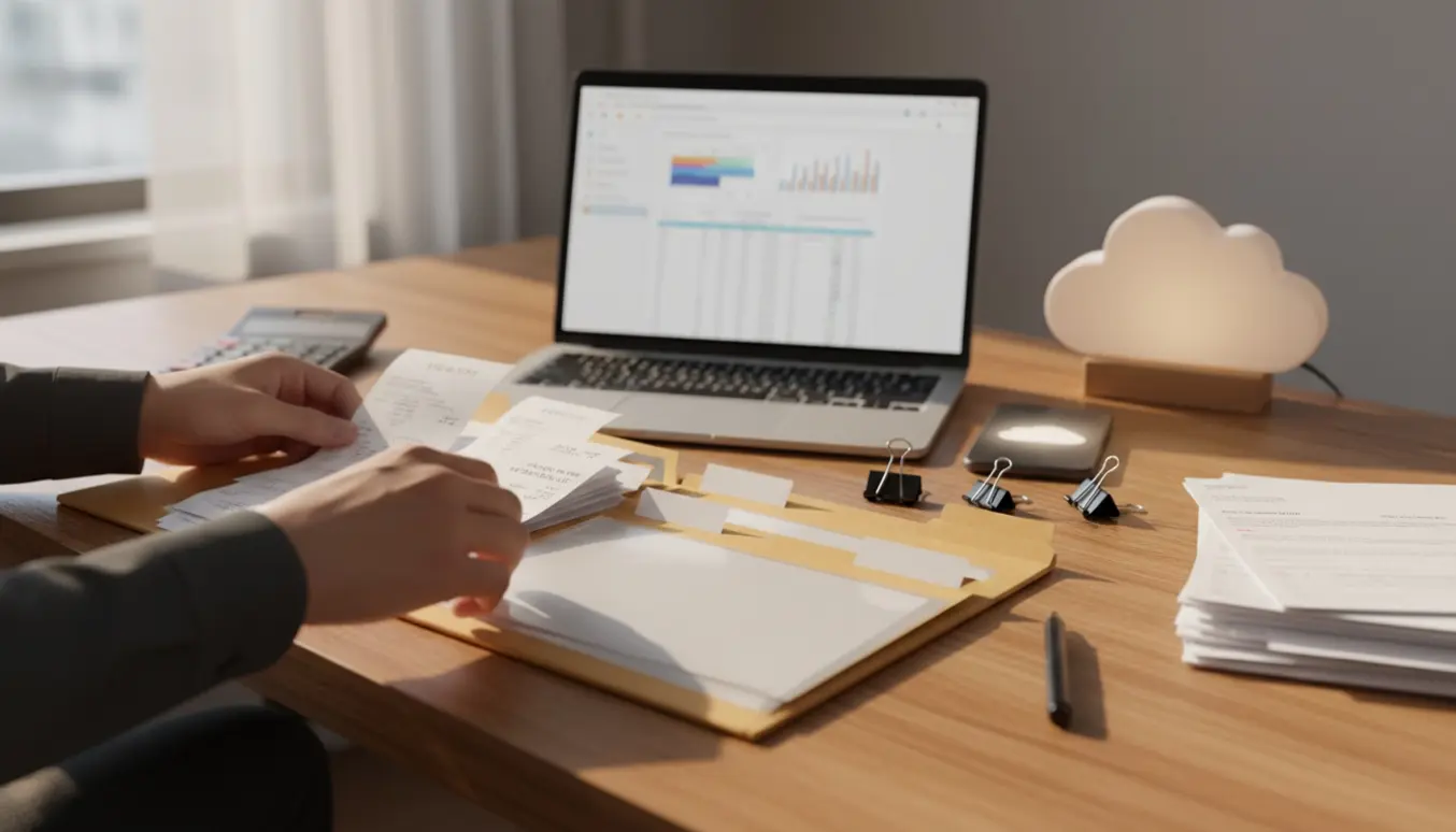 Hænder organiserer kvitteringer ved en bærbar med et sløret regnskabsdashboard.