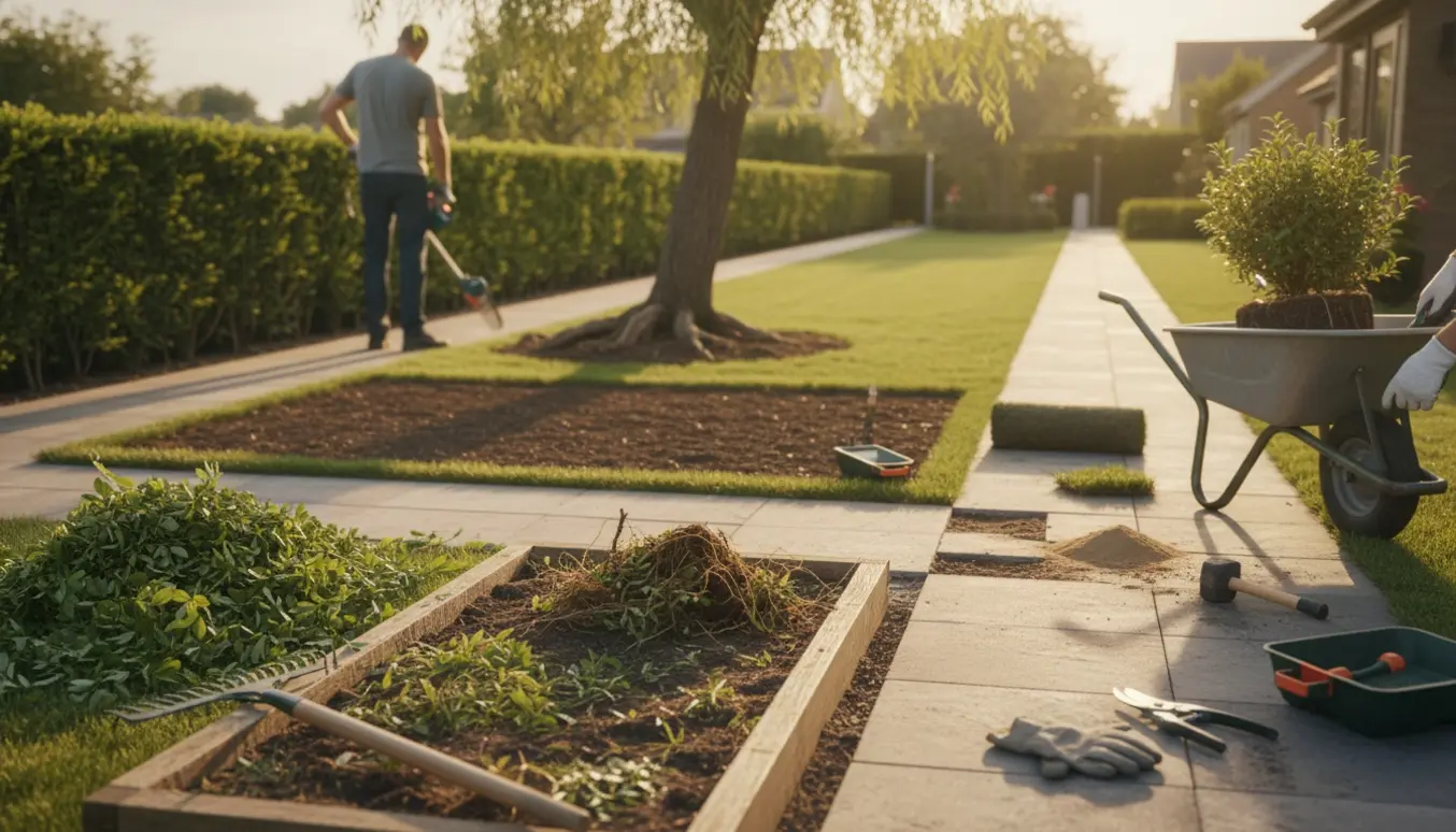 Havearbejde med nyklippet hæk, fjernet ukrudt, omlægning af fliser og en busk klar til flytning.