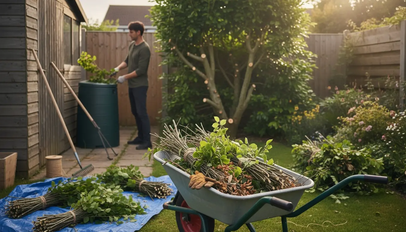 Trillebør fyldt med beskårne bøgegrene og andet haveaffald ved en nybeskåret busk.