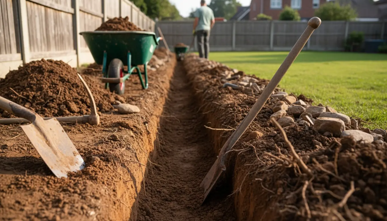 En friskudgravet rende til hæk i hård jord med skovl, hakke og trillebør langs en havegrænse.