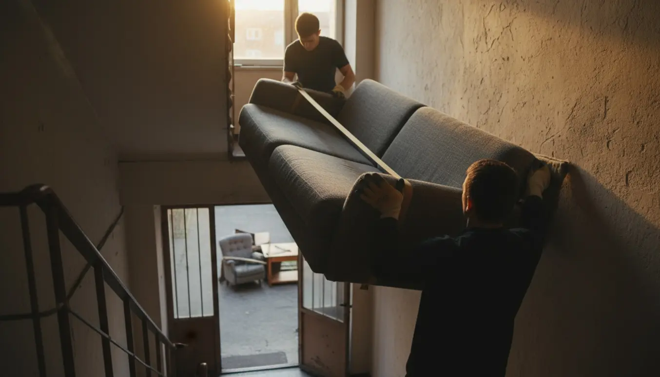 To personer bærer en lang sofa ned ad en smal trappe mod gårdens storskrald.